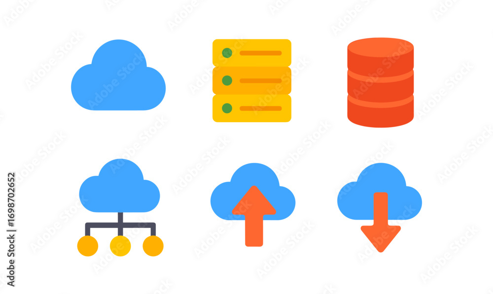 Poster essential cloud computing icons for modern digital solutions and technology projects