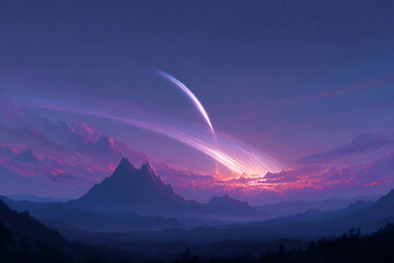 exoplanet moon exploration, an exomoon orbits a gas giant with a ring system and hosts extraterrestrial life in a stunning, earth-like landscape