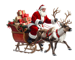 Santa claus delivering gifts on sleigh with reindeer transparent background png white  