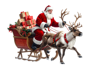 Santa claus delivering gifts on sleigh with reindeer transparent background png white