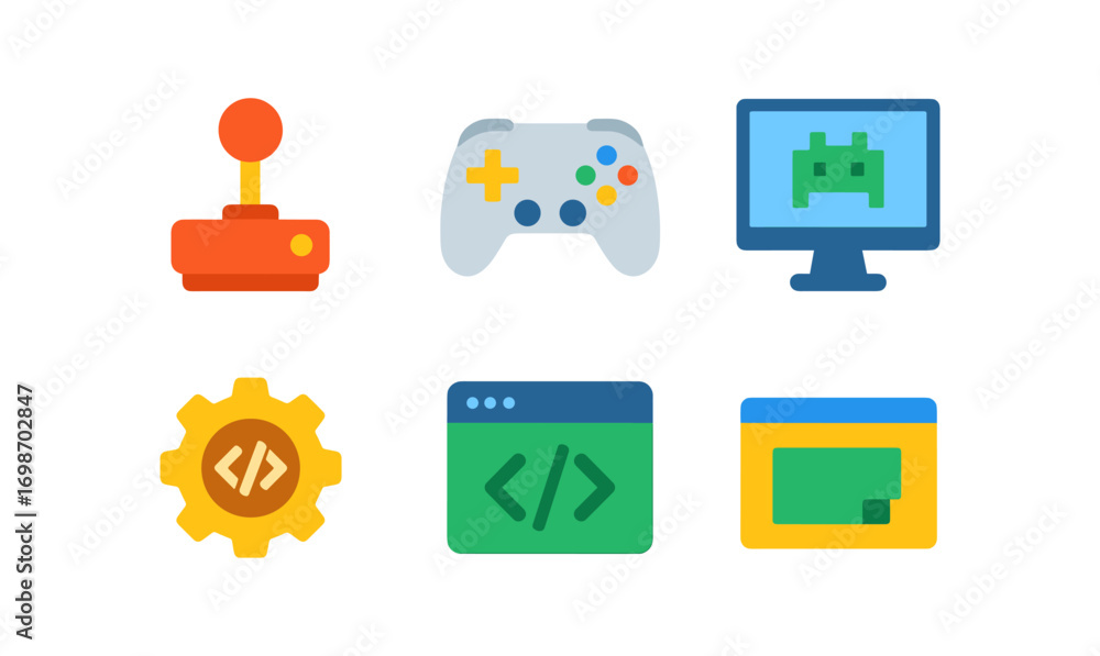 Poster game development icon set with joystick, gamepad, monitor, and coding elements for digital design