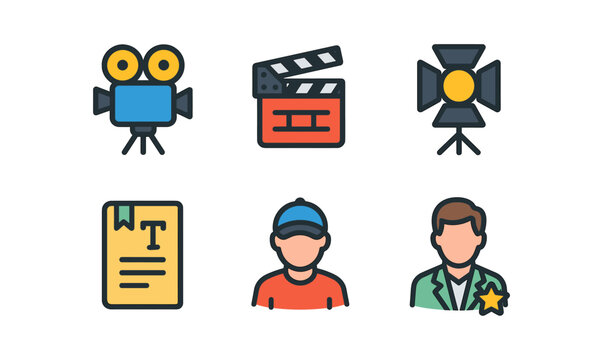 Film production icons set featuring camera, clapperboard, spotlight, script, crew member, and director
