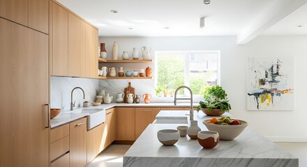 Fototapeta premium Bright Modern Kitchen with Wood Cabinets and Marble Island.