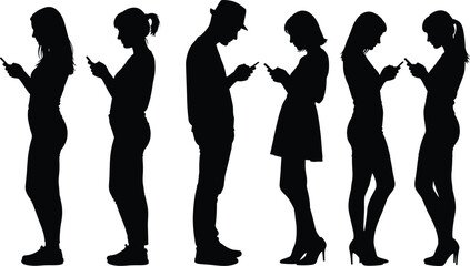 Silhouettes of people using smartphones, digital addiction concept, modern communication, social media behavior, technology dependence, youth on mobile phones.