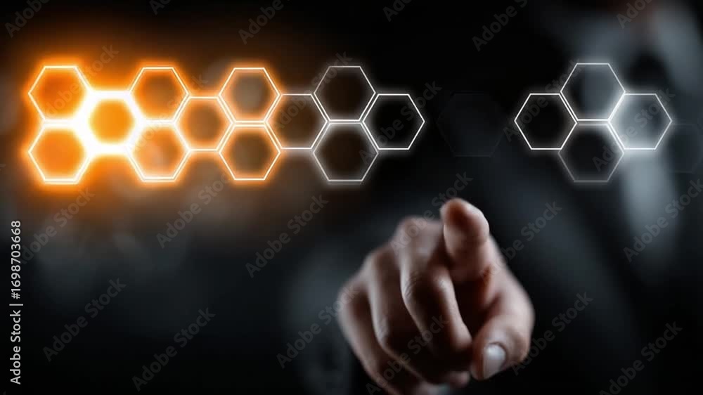 Poster digital touch and innovation: a hand pointing towards a series of interconnected, glowing hexagonal 