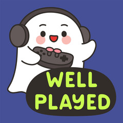 Cute Ghost Gamer Emote Vector with Headset and Well Played Message on Blue Background