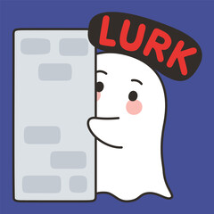 Cute Halloween Ghost Cartoon Vector with Lurk Text Hiding Behind Wall on Blue Background