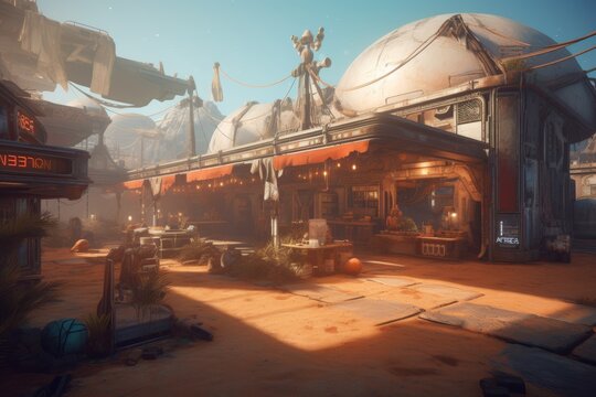 A futuristic marketplace set on an alien planet, filled with strange artifacts  - Powered by Adobe