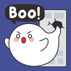 Cute Ghost Boo Scary Emote Vector Jump Scare with Speech Bubble on Blue Background