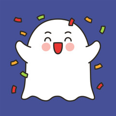 Cute Ghost Celebration Emote Vector Throwing Confetti on Blue Background