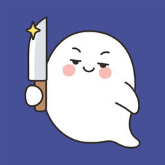Cute Ghost Holding Knife Emote Vector with Mischievous Expression on Blue Background