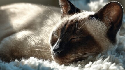 siamese cat basking in sunlight enjoying a peaceful moment indoors