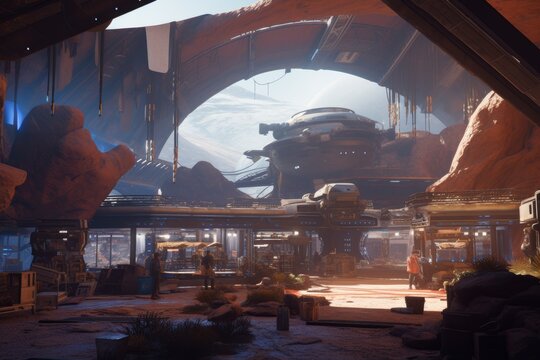 A futuristic marketplace set on an alien planet, filled with strange artifacts 