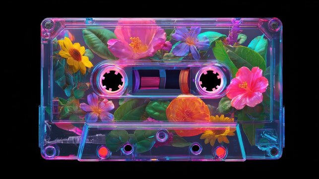 a transparent cassette tape with floral designs illuminated with vibrant neon colors evokes a retro aesthetic