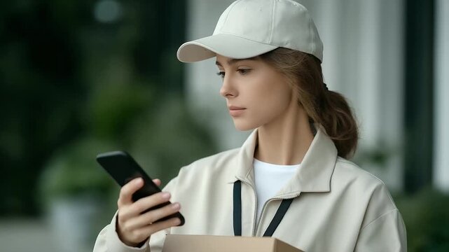 Postwoman Scanning Package Barcode on Porch While Holding Mailbag