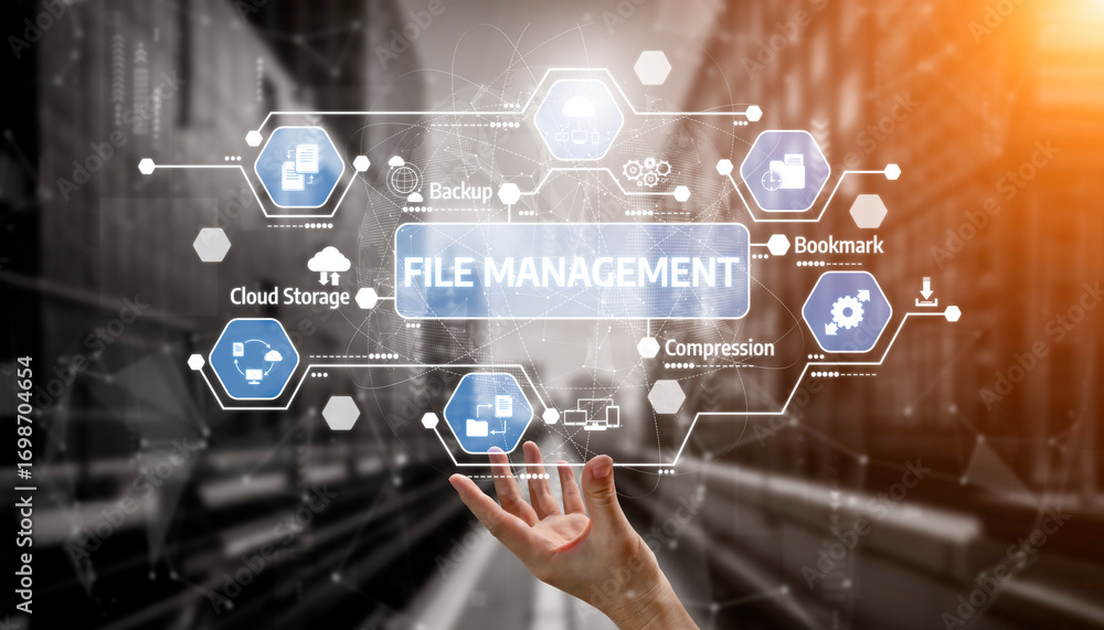Poster a visually engaging representation of a file management system, highlighting features such as cloud 