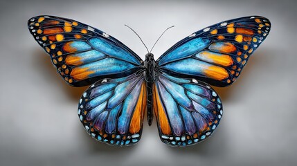 Fototapeta premium majestic monarch butterfly displaying colorful wings a vibrant fusion of blues oranges and blacks against a sleek transparent backdrop showcasing natures intricate beauty