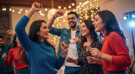 Celebrating party time with friends, group cheerfully raises arms in vibrant atmosphere. This party time includes lights, cheerful expressions and joyous movements of friends enjoying party time.