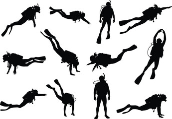 Silhouettes of scuba divers underwater, ocean activity, marine exploration, diving poses, underwater sport, snorkel gear, sea adventure, aquatic life. © Fahim Creative