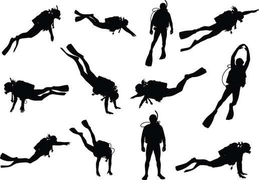 Silhouettes of scuba divers underwater, ocean activity, marine exploration, diving poses, underwater sport, snorkel gear, sea adventure, aquatic life.