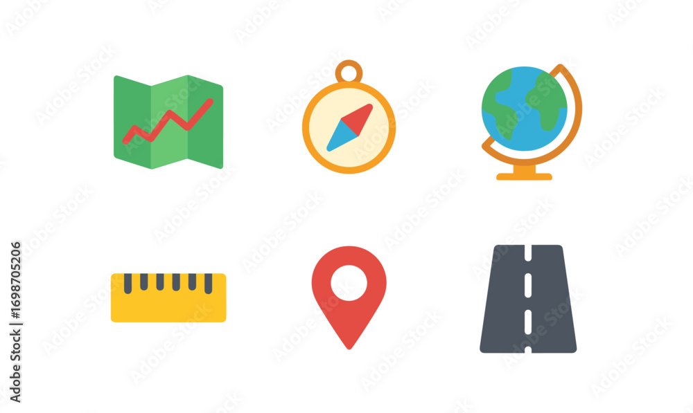 Poster cartography icon set featuring map compass globe ruler location and road for navigation apps