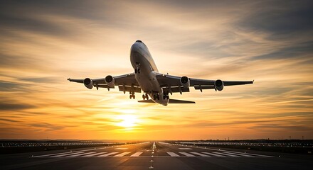 Airplane Taking Off at Sunset Over Runway