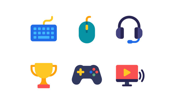 Esports icon set for gaming enthusiasts featuring keyboard, mouse, headset, trophy, gamepad, and monitor