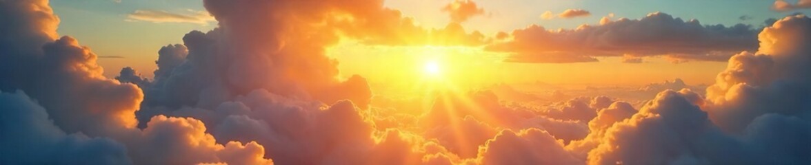 Fototapeta premium Golden sunlight streams through gaps in fluffy clouds, illuminating a vibrant landscape below A breathtaking display of nature's radiant energy , natural light, view