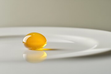 Yellow liquid droplet resting on a white plate in a soft light environment during a culinary presentation