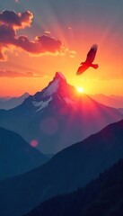 Silhouette of a bird soaring high above a majestic mountain range at sunset, symbolizing spiritual ascension and freedom , majestic, reaching