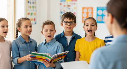 Happy children singing songs in classroom.  Students joyfully participate in music class singing. Elementary school children's choir joyfully singing songs.