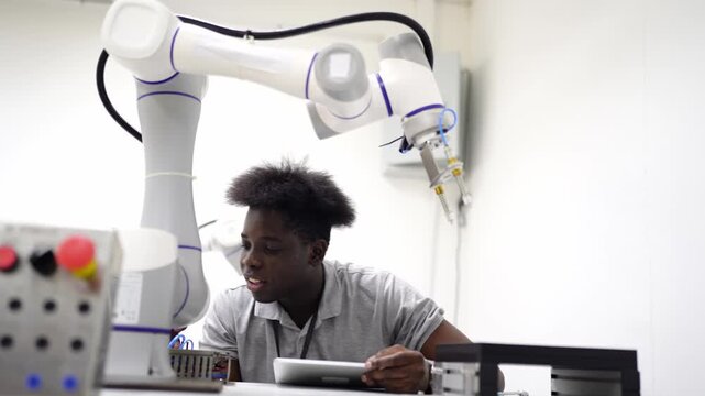 Robotics in Action: A young individual works with a sophisticated robotic arm, engaging with technology in a modern, industrial setting. This image captures innovation and future-forward development.