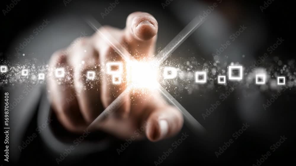 Poster digital interaction: a close-up shot of a hand interacting with a screen, a glowing portal symbolizi