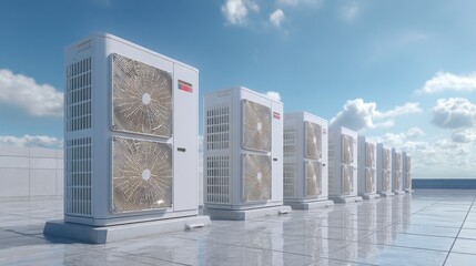 row of air conditioning units on a sunny rooftop setting generative ai