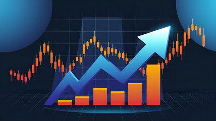The digital illustration features a metallic blue arrow symbolizing growth, overlaid with dynamic orange and yellow candlestick chart lines, showcasing the dynamic nature of financial trends.