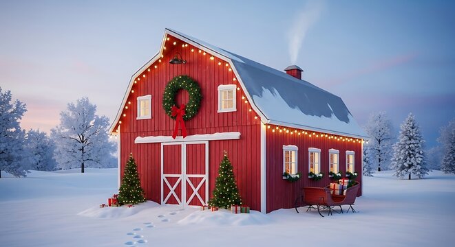 Christmas Barn in Snowy Landscape. - Powered by Adobe