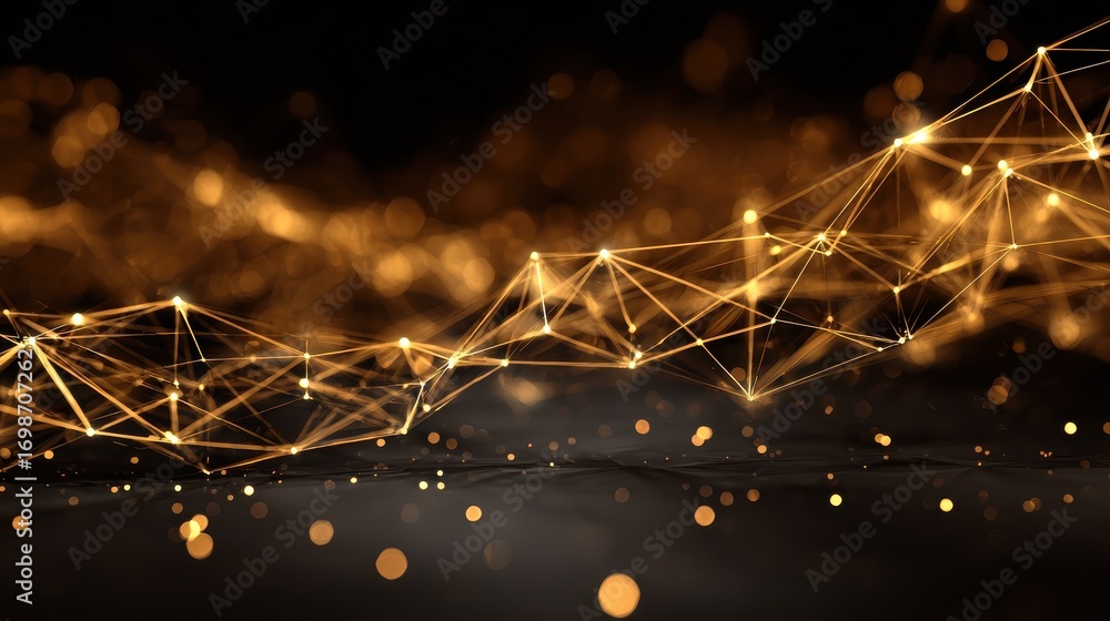 Poster the illustration shows a network of interconnected lines and points glowing with a golden light agai