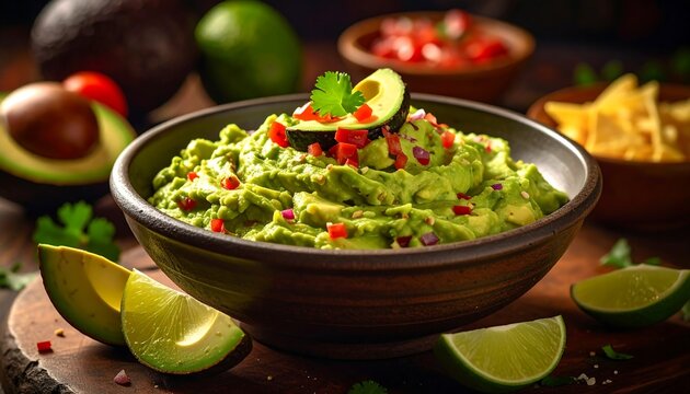 Bowl of guacamole with garnishes