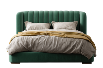 Contemporary bed design featuring tufted emerald headboard, neutral linen set and pillows,  isolated on transparent background.