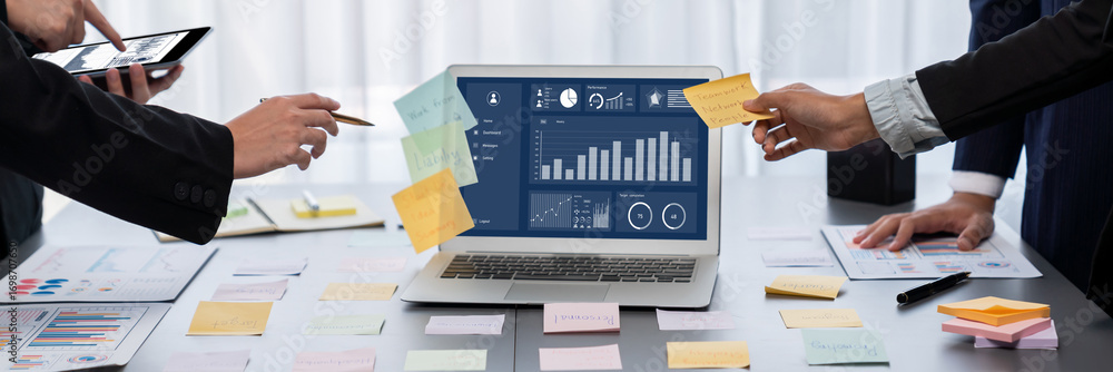 Poster Analyst team use sticky note for creative and analytic brainstorm for business idea with BI data dashboard on laptop screen. Analysis financial data visualization tech for marketing strategy. Prodigy