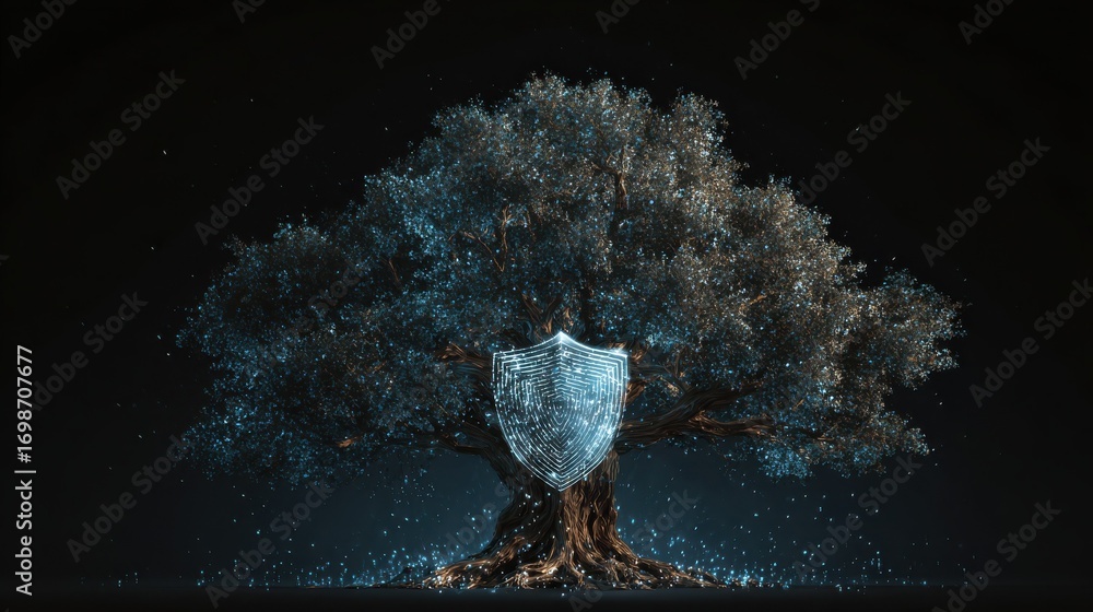 Poster digital growth tree with cybersecurity shield vector illustration technology network and data protec
