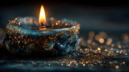 Glowing Candle Flame with Golden Sparkles on Dark Blue Background