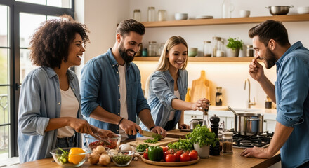 Friends cooking together in light, modern kitchen with vegetables and herbs. Friends cooking shares moments of camaraderie, as they prepare a delicious, healthy meal.