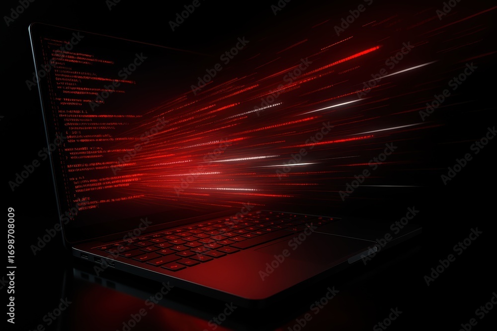 Poster digital realm's data flow: a laptop emits a stream of data against a sleek black backdrop, where a w
