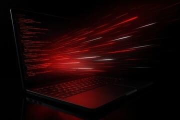 Digital Realm's Data Flow: A laptop emits a stream of data against a sleek black backdrop, where a world of coding and information is illustrated.
