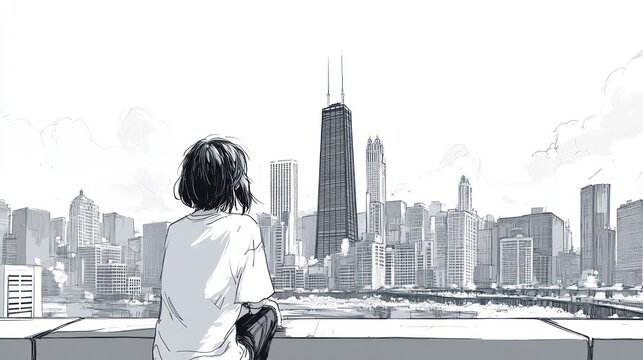 Woman contemplating cityscape