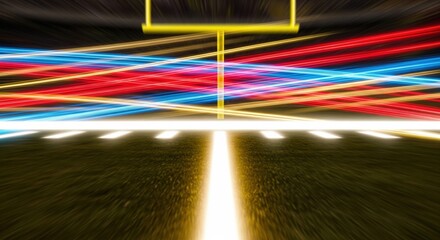 Dynamic Football Field with Glowing Goalpost and Abstract Light Trails