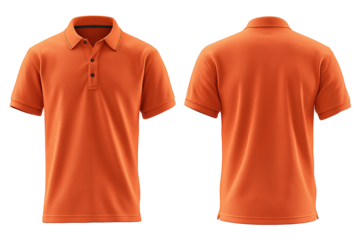Orange cotton polo duo, ribbed collar design with buttoned placket, isolated on transparent background.