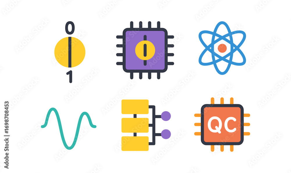 Poster Quantum computing icons for technology and innovation design projects
