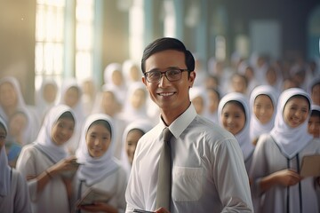 Male teacher in eyeglasses looking at camera and smiling. Classroom with a students on background.